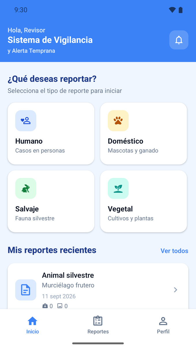 Pantalla principal de SIVAT con los cuatro tipos de reporte