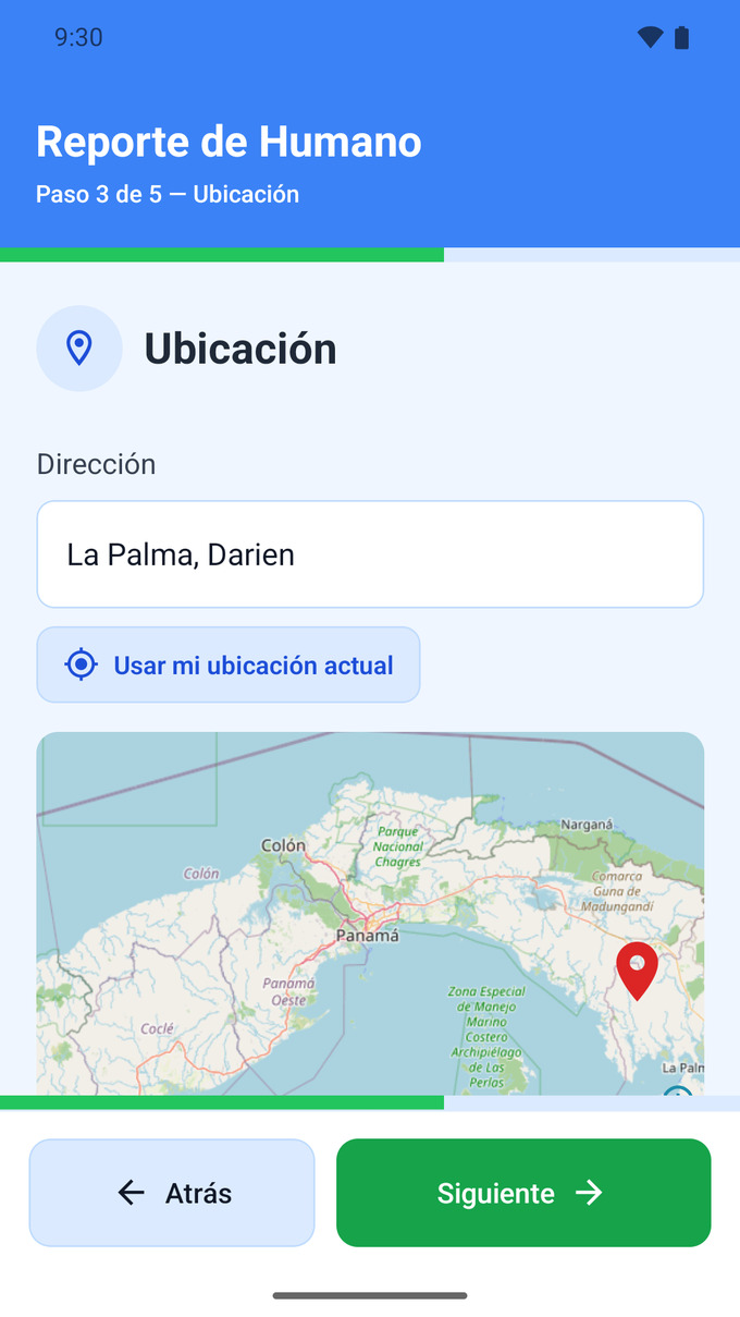 Mapa de Darién con el punto del reporte marcado