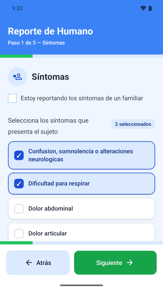Selección de síntomas en el asistente de reporte
